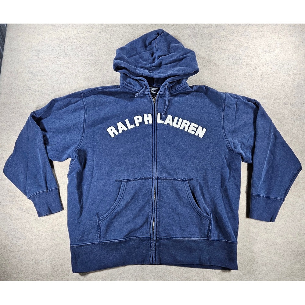 Vintage Polo Jeans Co Ralph Lauren Hoodie Mens L Blue Full Zip Spellout Y2K